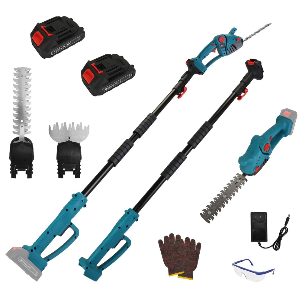 Cordless garden tool set featuring a pole hedge trimmer, hand-held hedge shear, two rechargeable batteries, safety gloves, safety glasses, and a charger, ideal for effortless gardening.