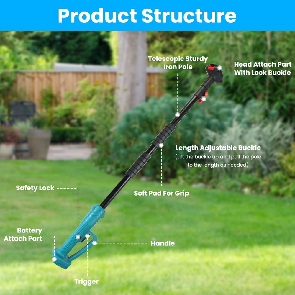 Illustration of a gardening tool with a telescopic iron pole, adjustable length buckle, soft grip pad, safety lock, trigger, and battery attachment, set against a backyard landscape.
