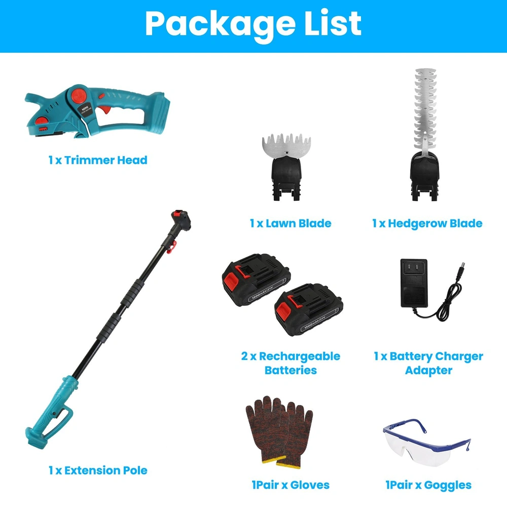 Package list for gardening tool set including trimmer head, lawn blade, hedgerow blade, extension pole, two rechargeable batteries, battery charger adapter, gloves, and goggles.