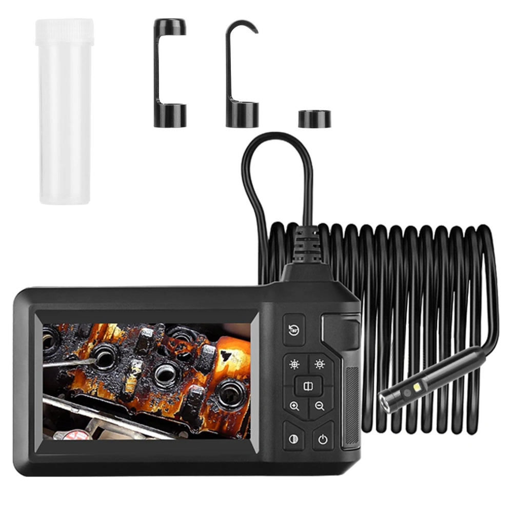 Endoscope camera kit with 7-inch color display, flexible inspection probe, and replaceable accessories for automotive and plumbing inspections.