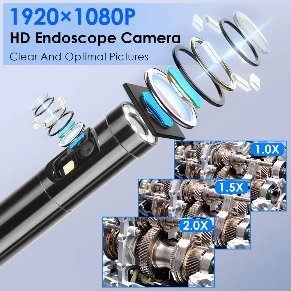HD Endoscope Camera with 1920x1080P resolution, showcasing lens components and magnified images of gear mechanics for clear and optimal visual inspection.