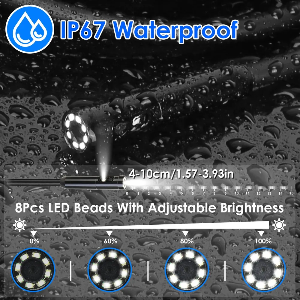 IP67 waterproof LED light featuring 8 adjustable brightness settings, ideal for outdoor use; visible measurement ruler shows range of 4cm to 10cm in length.