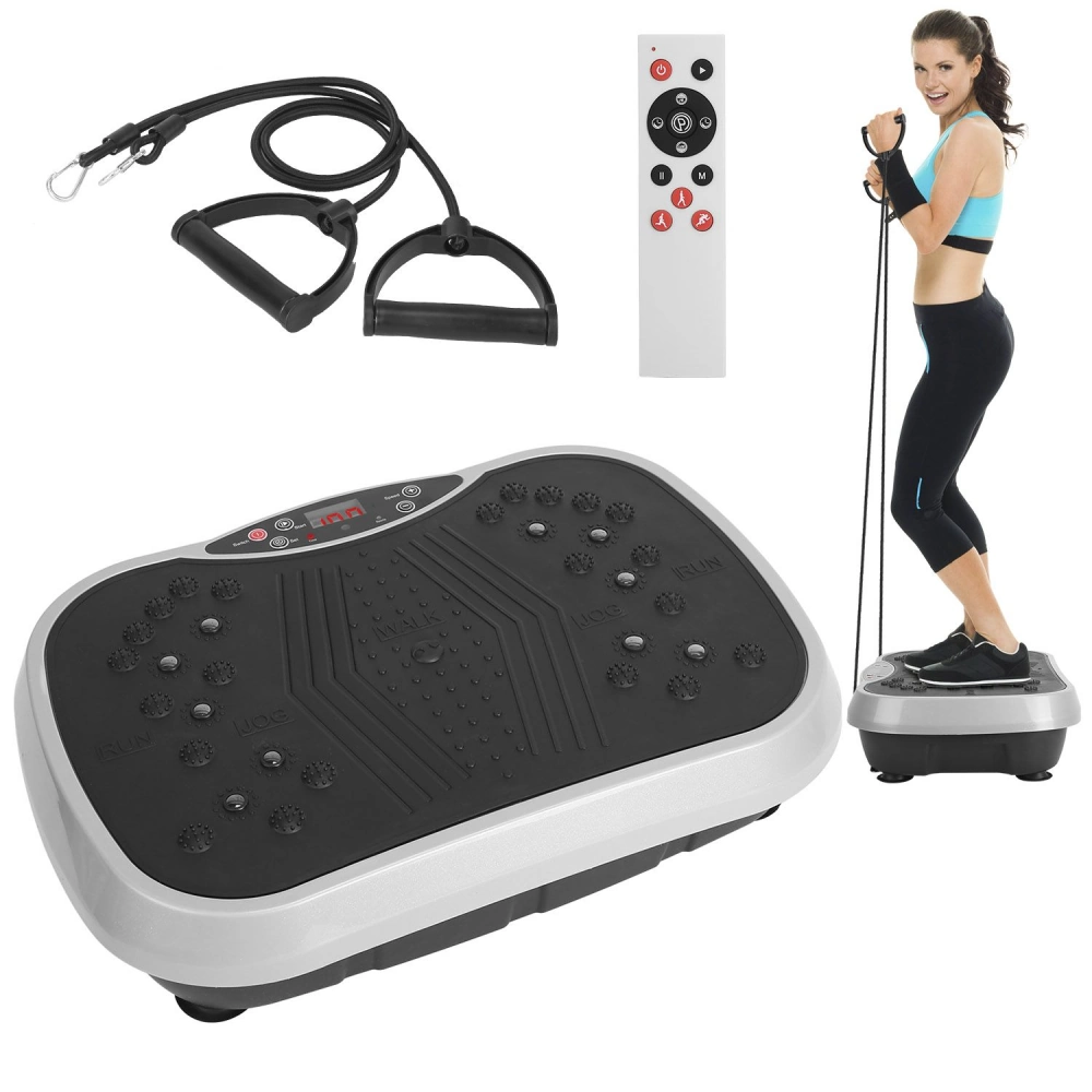 Vibration platform machine with remote control and resistance bands, designed for full-body workouts and fitness routines, featuring a textured surface for stability.