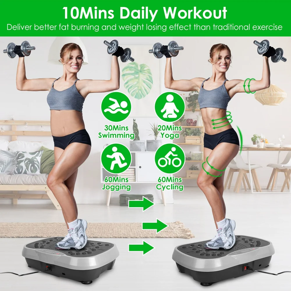Image of a fitness model demonstrating a 10-minute daily workout routine using a vibration plate, showcasing benefits for fat burning and weight loss with icons representing swimming, yoga, jogging, and cycling.