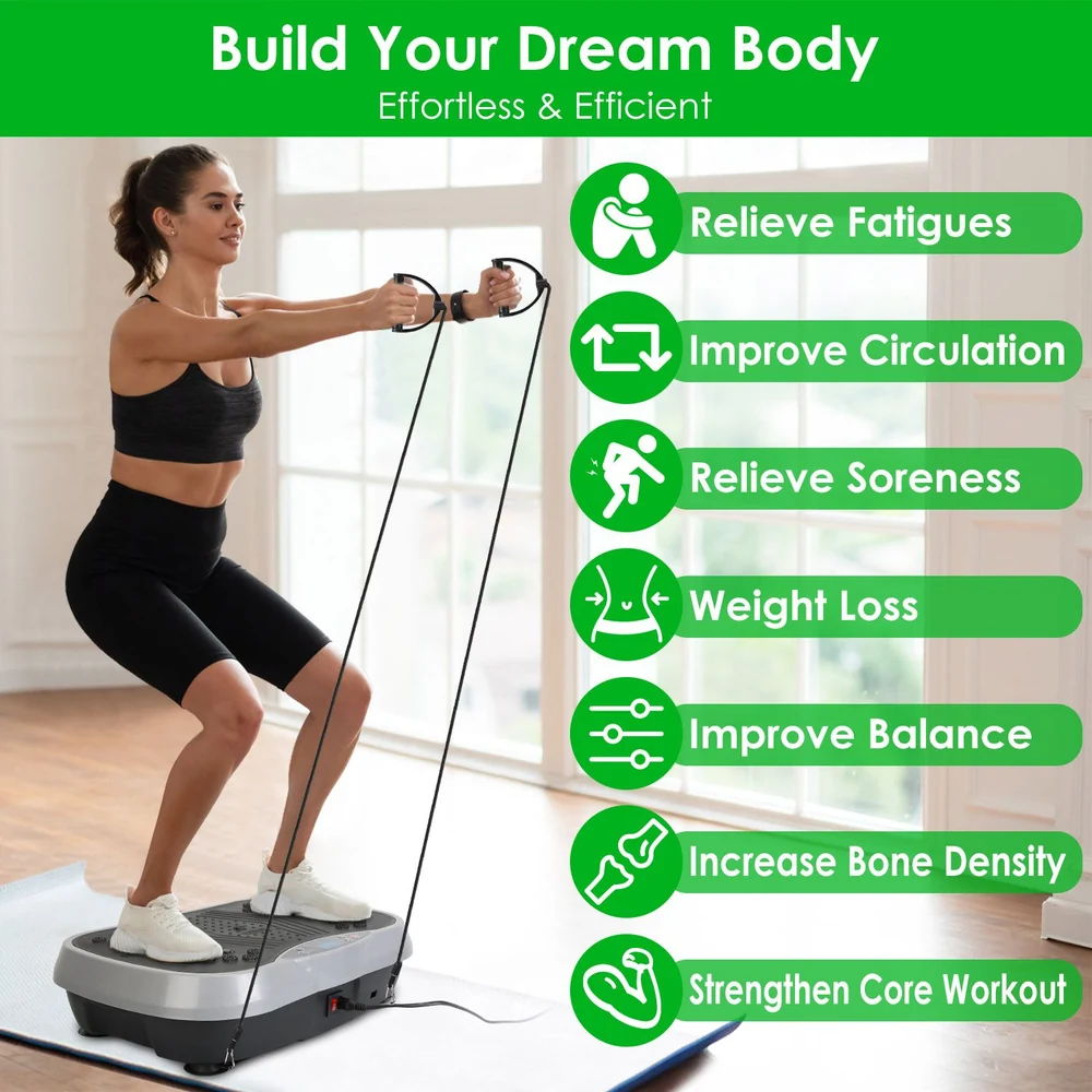 Woman exercising on a vibration plate, demonstrating a fitness routine for weight loss, improved circulation, and core strengthening, with key benefits highlighted in green text on the side.