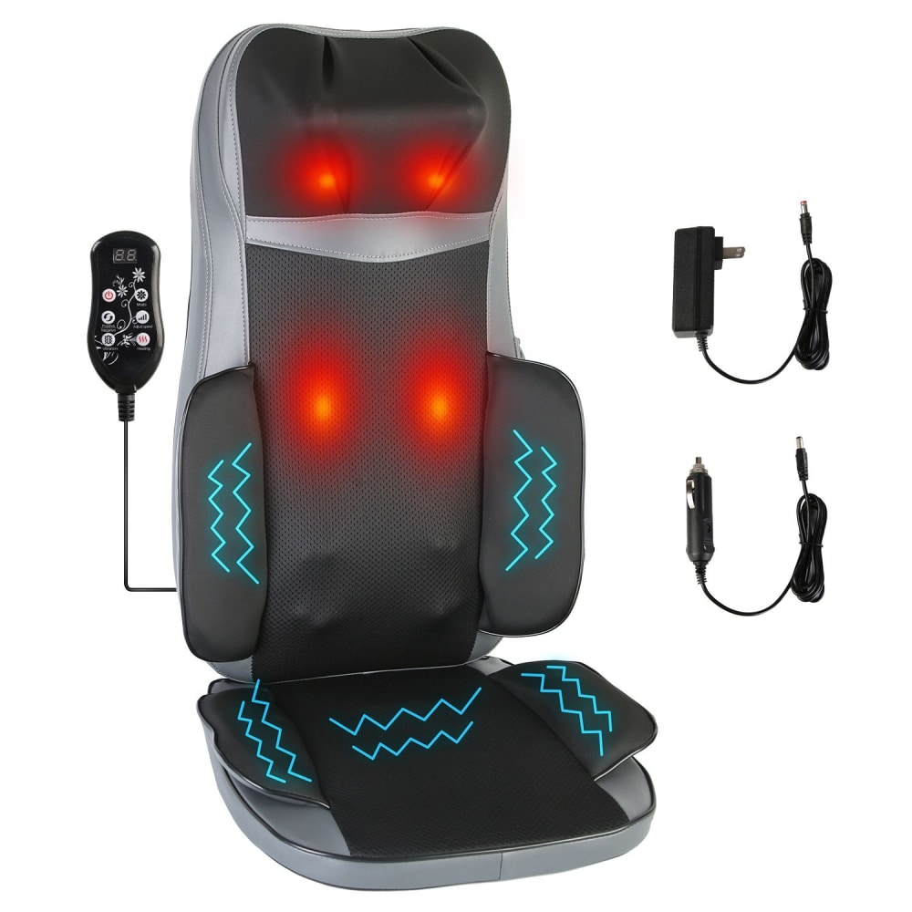 Massage chair pad with heated vibrations, featuring a remote control and dual power options for home and car use.