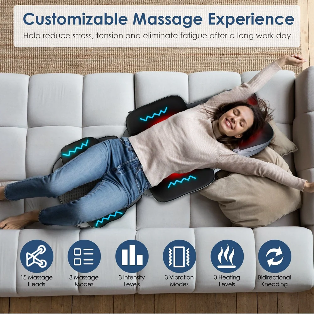 Person relaxing on a couch with a customizable massage chair, showcasing features like 15 massage heads, 3 massage modes, 3 intensity levels, 3 vibration modes, and adjustable heating options for a soothing experience.