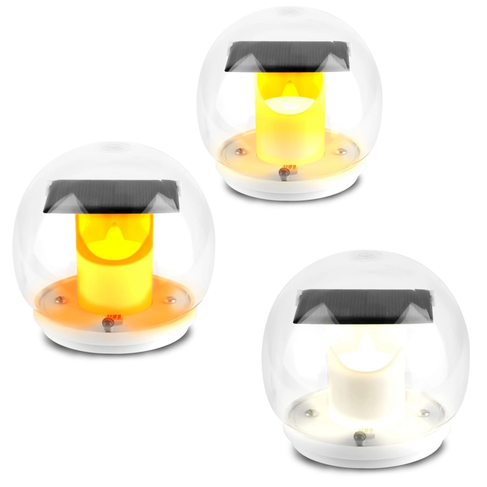 Set of three solar-powered decorative lanterns with transparent globes, featuring a warm yellow and bright white light, ideal for outdoor lighting and ambiance.