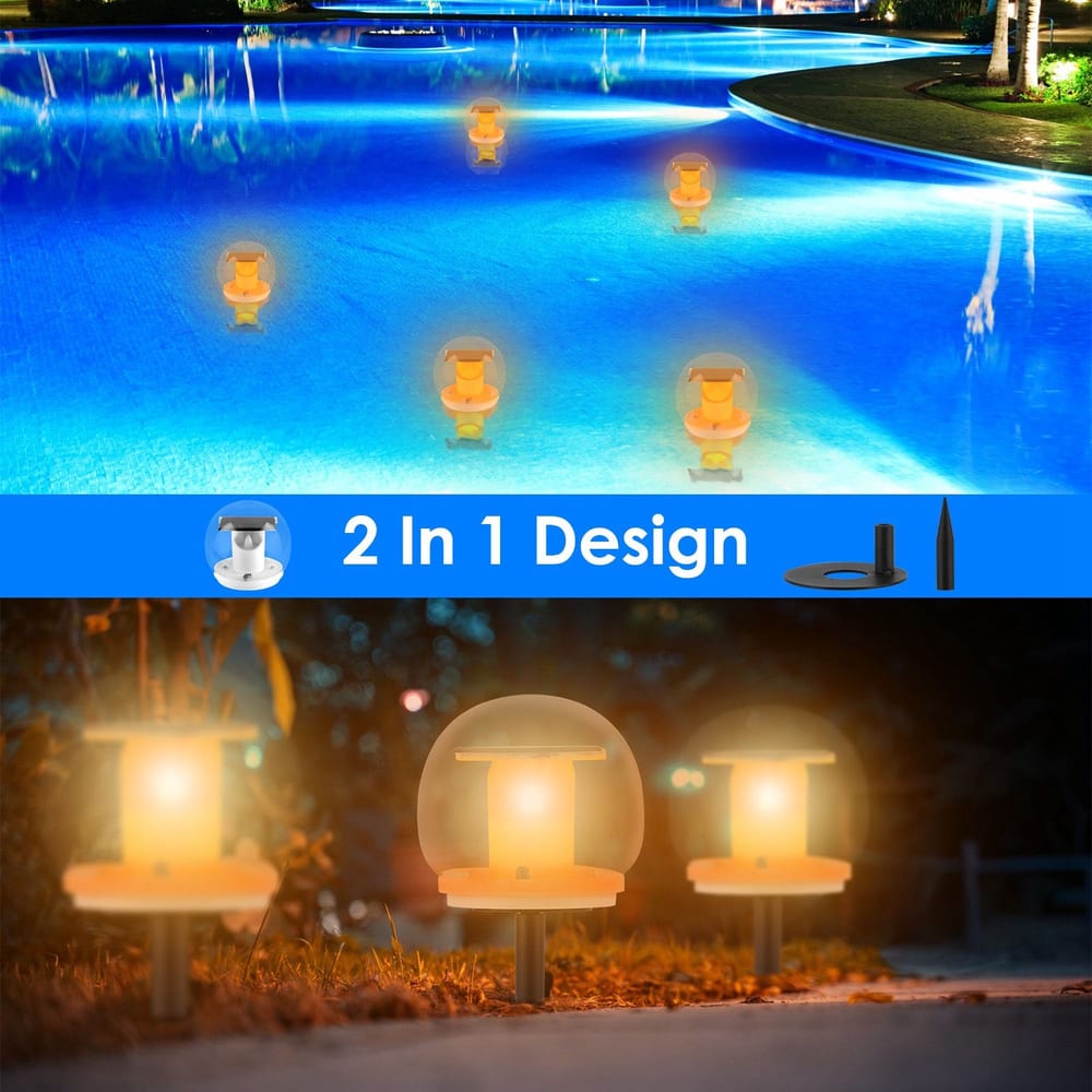 Outdoor solar floating lights with a 2-in-1 design, showcasing use in a pool setting and as garden pathway lights, emitting a warm glow at night.