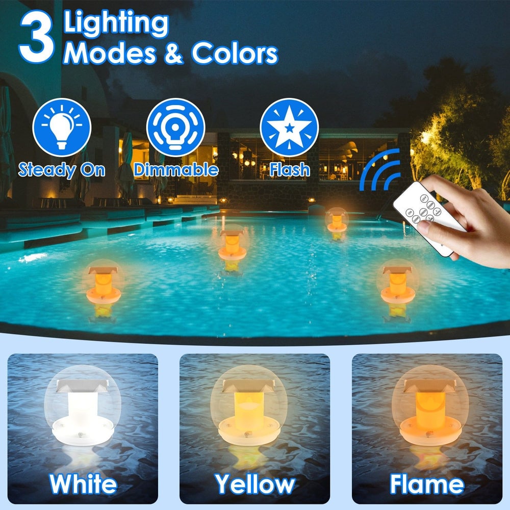 Remote-controlled LED pool lights with three lighting modes (steady, dimmable, and flash) and color options (white, yellow, and flame) illuminating a serene pool at night.
