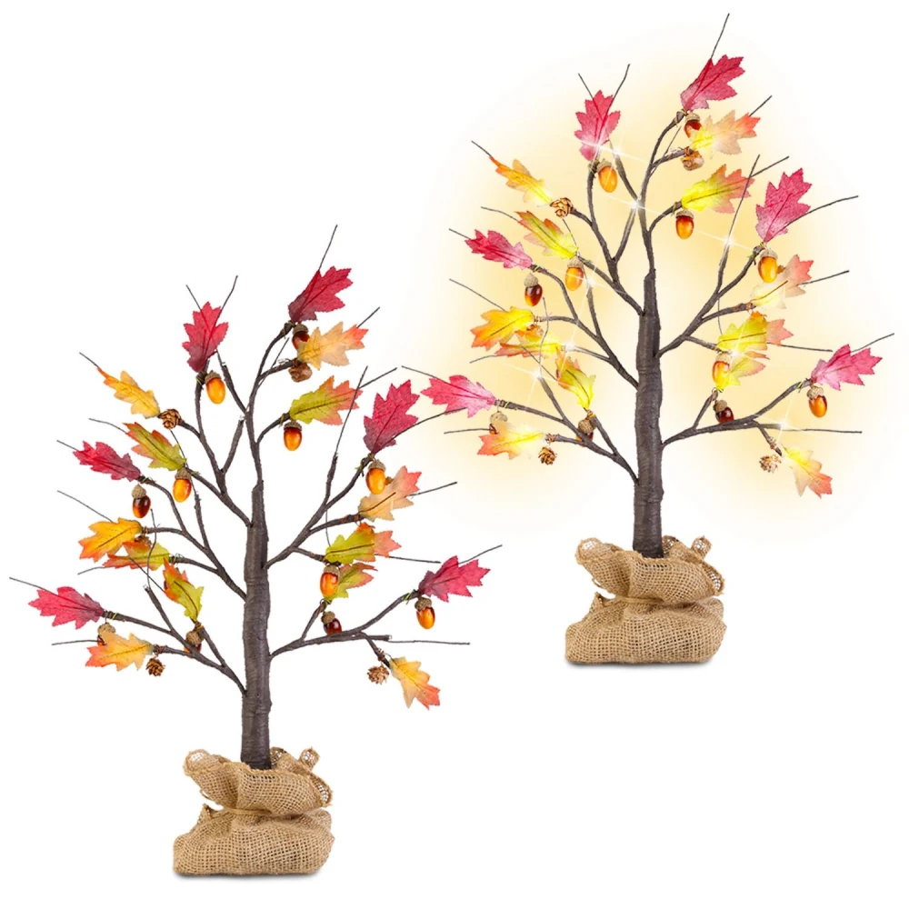 Decorative autumn tree featuring vibrant red, orange, and yellow leaves, adorned with LED lights and set in a burlap-wrapped base, perfect for seasonal home decor.