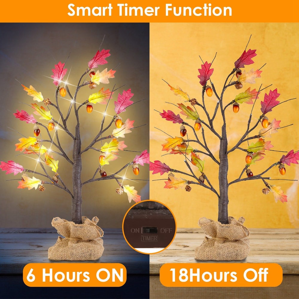 Decorative LED lighted autumn tree with colorful leaves and acorns, featuring a smart timer function for 6 hours on and 18 hours off setting.