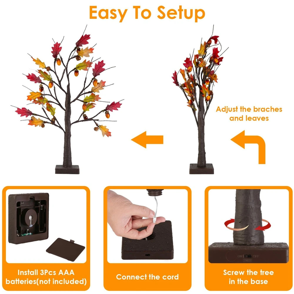 Easy-to-setup artificial autumn tree with colorful leaves and instructions for battery installation and assembly.