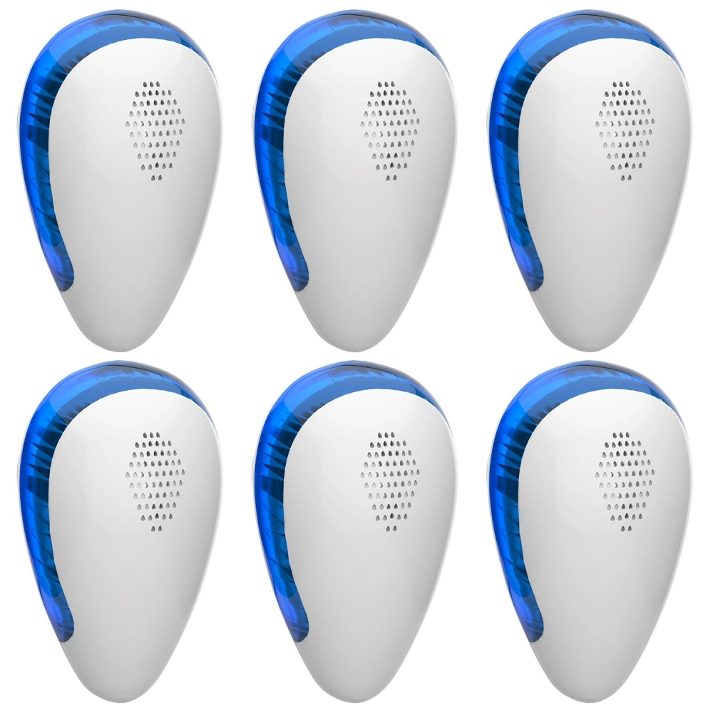 Set of six sleek, modern blue and silver electronic devices with perforated speaker grills, designed for sound amplification or wireless function.