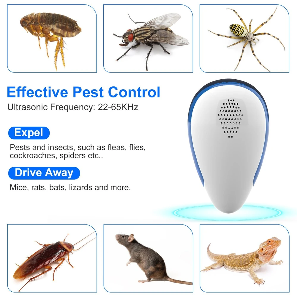 Ultrasonic pest control device with images of common pests like fleas, flies, cockroaches, spiders, mice, and lizards, highlighting its effective frequency range of 22-65kHz for expelling and driving away unwanted insects and rodents.