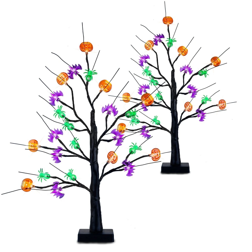 Decorative Halloween-themed light-up trees featuring purple bats, green spiders, and orange pumpkins on black branches, ideal for festive autumn décor.