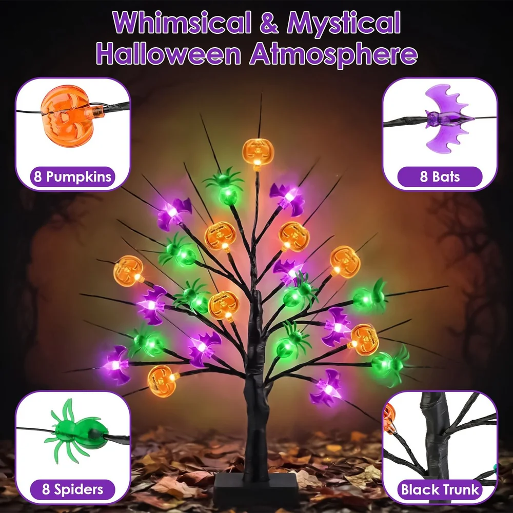 Colorful Halloween-themed decorative tree featuring 8 glowing pumpkins, 8 vibrant bats, and 8 spooky spiders, designed with a black trunk for a whimsical seasonal atmosphere.