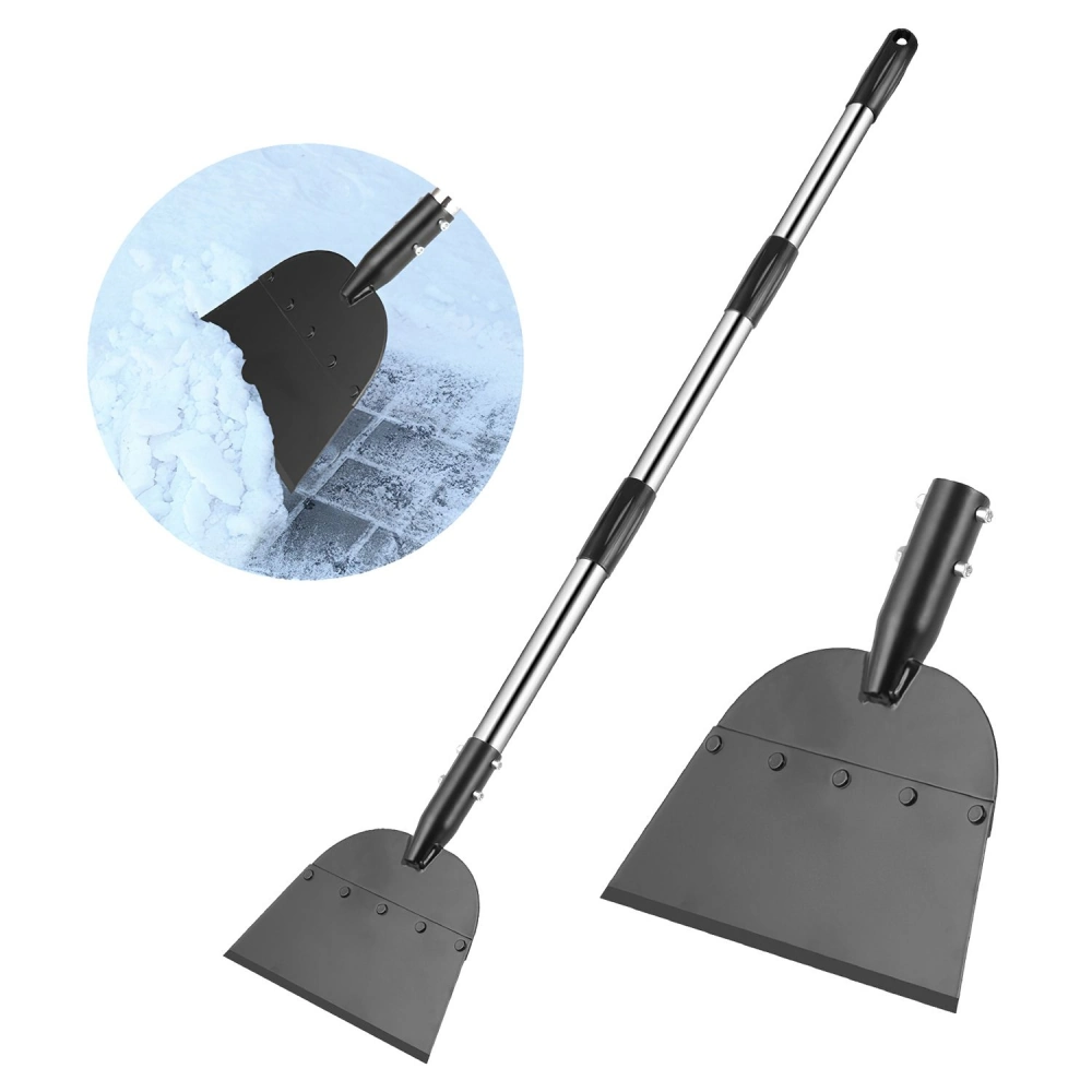 Heavy-duty snow shovel with an adjustable aluminum handle and a wide, curved blade for efficient snow removal on pathways and driveways.