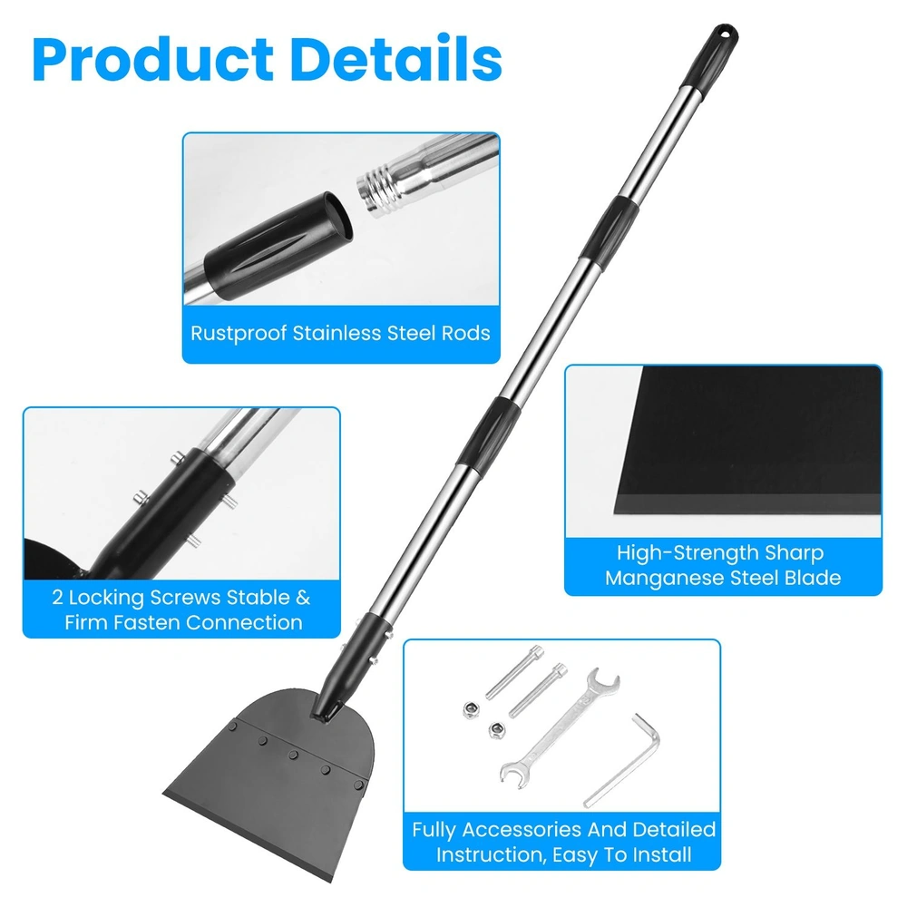 Durable snow shovel with rustproof stainless steel rods, high-strength manganese steel blade, and stable locking screws; includes easy-to-install accessories.