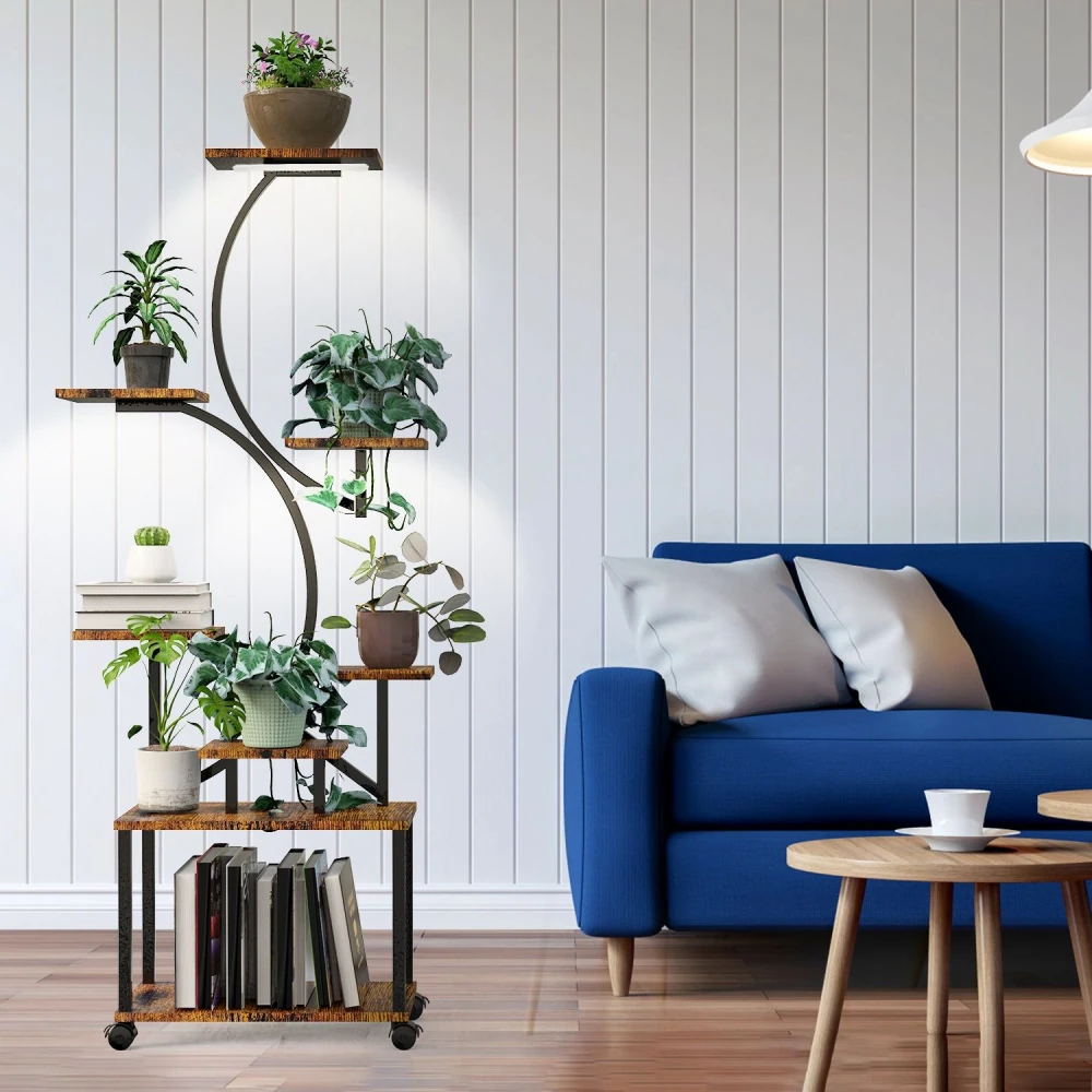 Plant stand with modern design, featuring multiple shelves adorned with various greenery, complemented by a blue couch and wooden coffee table in a stylish living room setting.