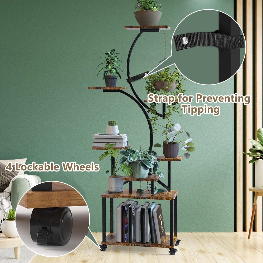 Multi-tiered plant stand with four lockable wheels and a safety strap for stability, showcasing various potted plants against a stylish green backdrop.