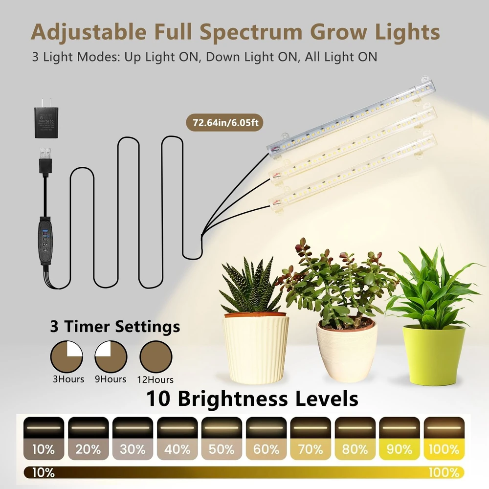 Adjustable full spectrum grow lights with three light modes, timer settings, and ten brightness levels, displayed with various potted plants for indoor gardening.