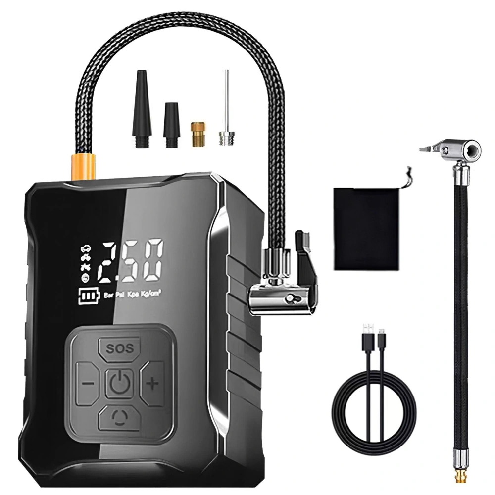 Portable digital air compressor with LCD display, flexible hose, multiple nozzles, and USB charging cable for easy tire inflation and emergency use.