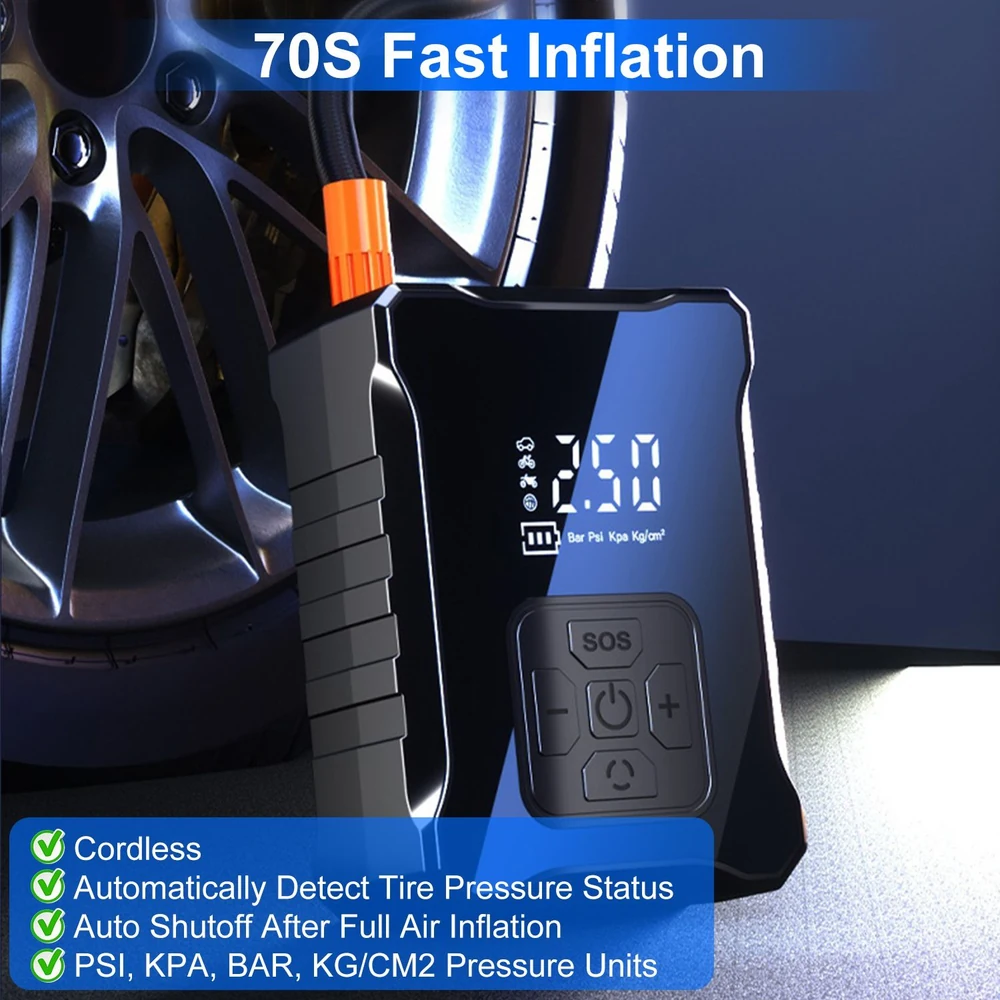 Compact cordless tire inflator displaying tire pressure reading of 2.50 Bar, featuring an LED screen, automatic shutoff, and various pressure unit options, set against a backdrop of a dark wheel.