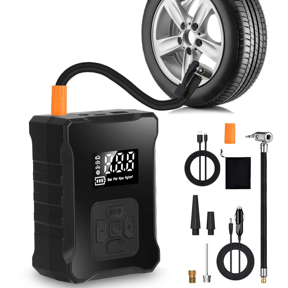 Digital tire inflator with LCD display, including air hose, multiple nozzles, and accessories, designed for easy and efficient tire inflation.