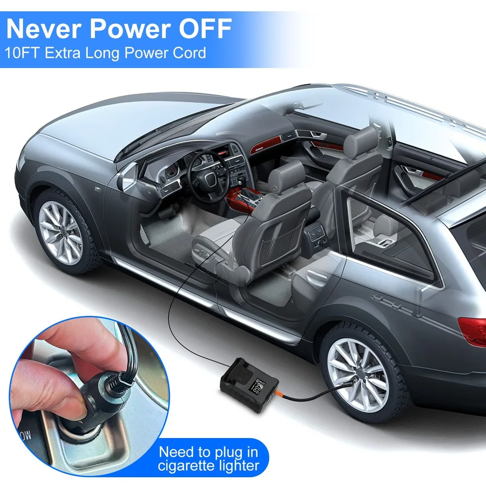 10FT extra long car power cord for seamless connectivity, with visual instruction for plugging into the cigarette lighter, displayed on a modern car interior.