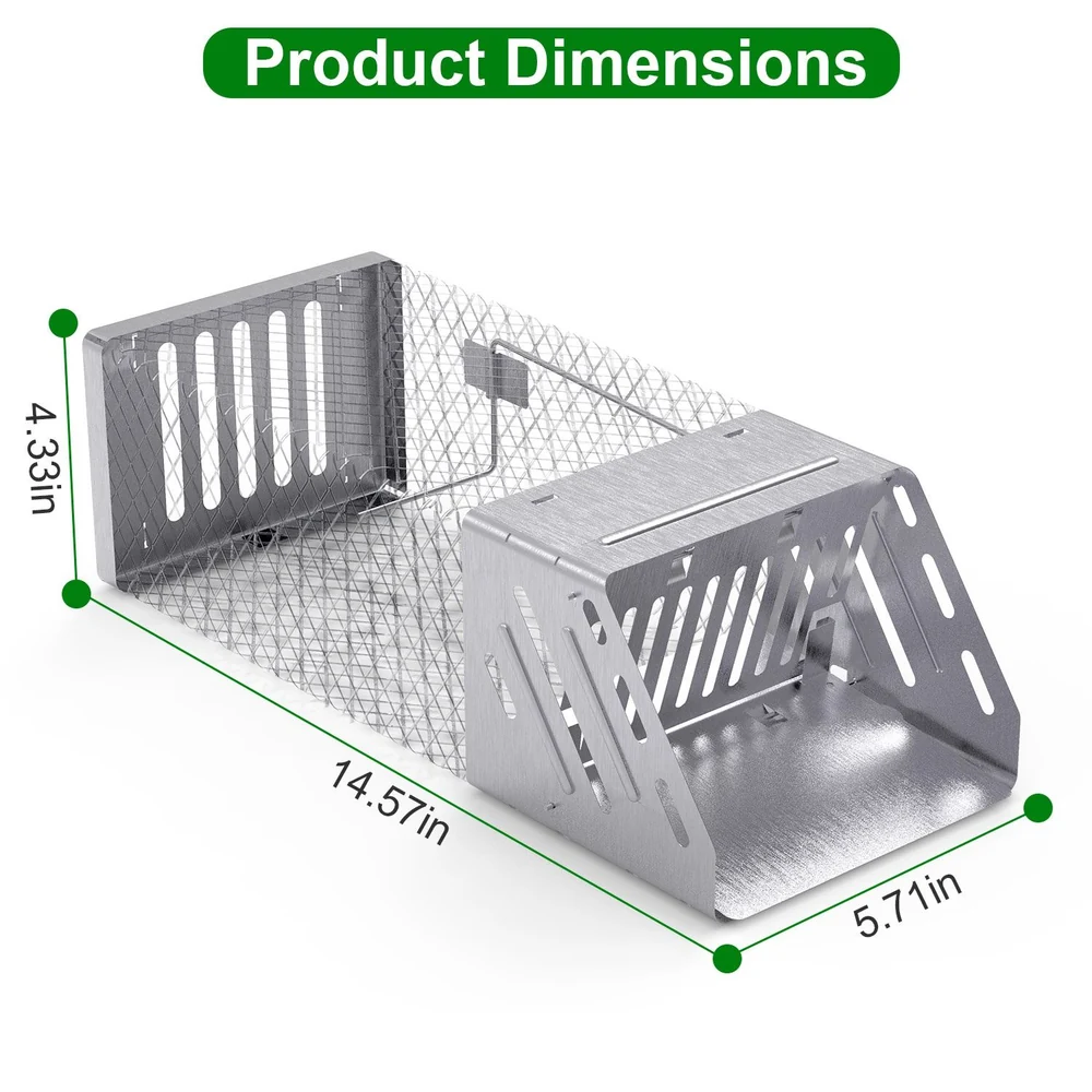 Stainless steel mouse trap with dimensions 14.57 inches long, 5.71 inches wide, and 4.33 inches high, featuring a mesh design for effective capture.