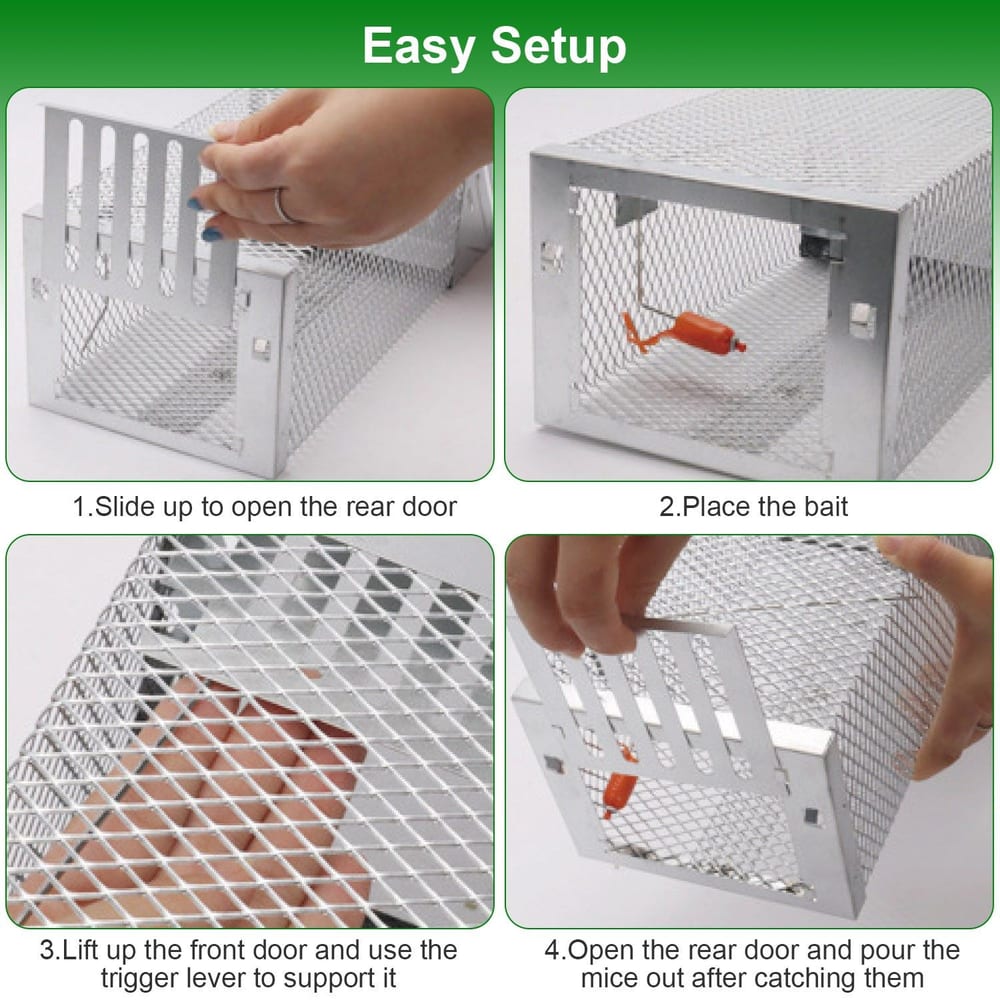 Alt tag: Step-by-step guide for setting up a live mouse trap, showing hand opening the rear door, placing bait, lifting the front door, and releasing caught mice.