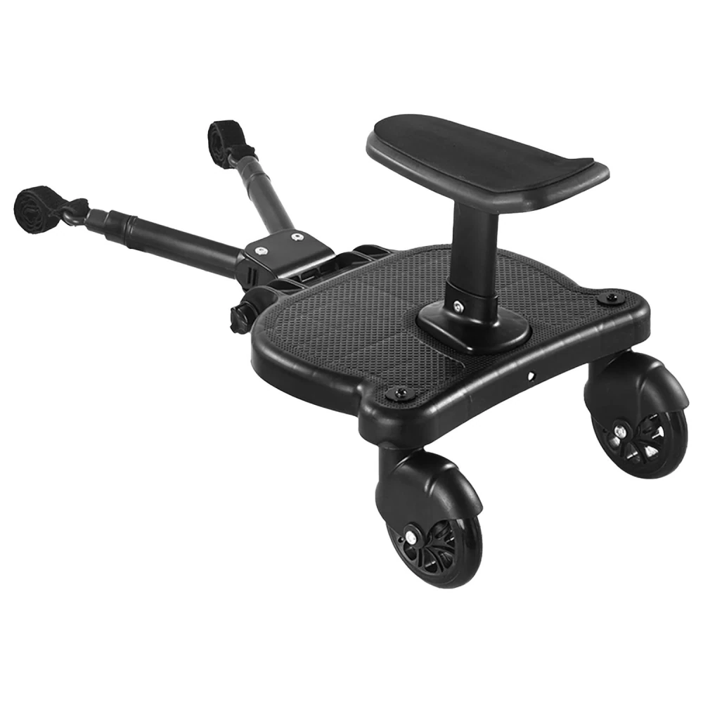Black child ride-on stroller board with adjustable seat and four wheels for easy maneuverability.