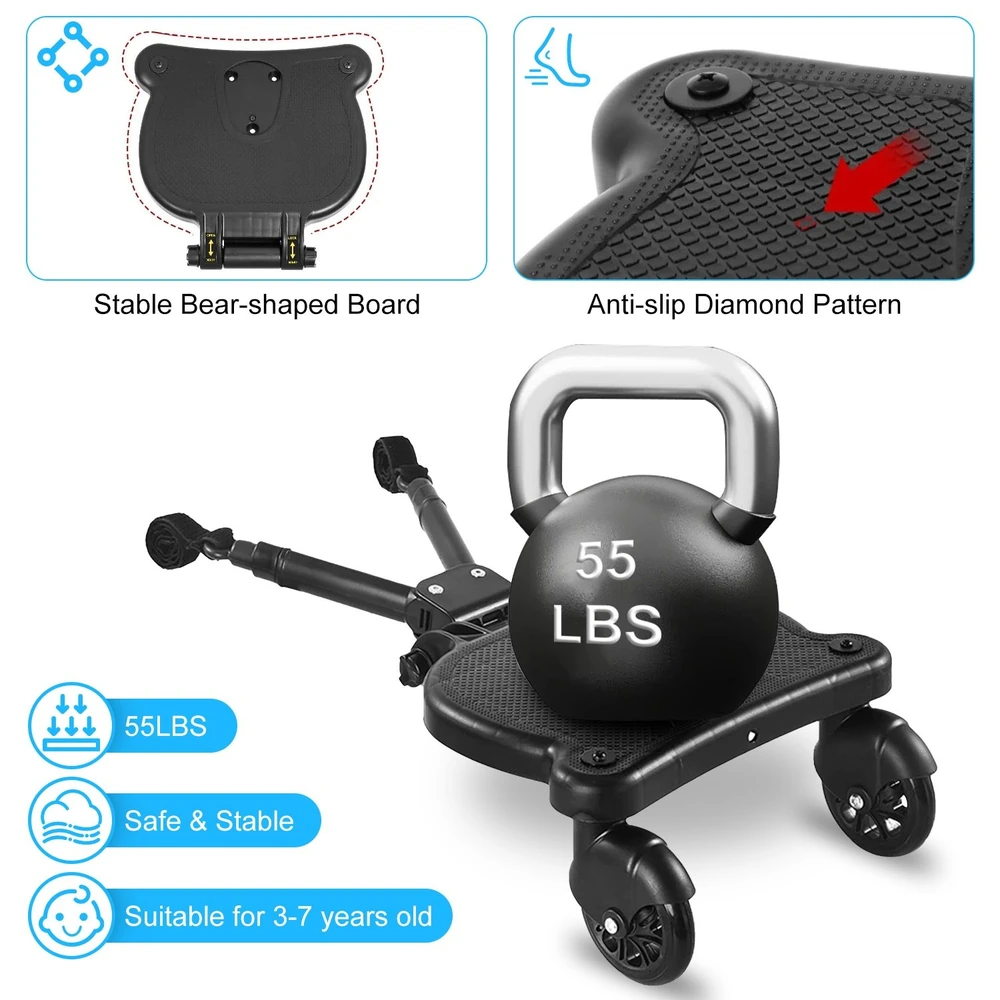 Bear-shaped ride-on toy with anti-slip diamond pattern and removable 55 lbs kettlebell, designed for children aged 3-7, featuring stable wheels for safe play.