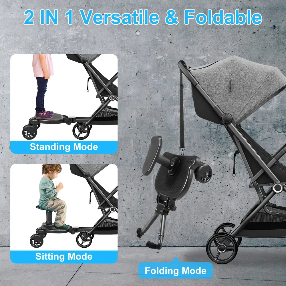 2-in-1 versatile and foldable stroller showcasing standing and sitting modes, highlighting its compact design and ease of use.