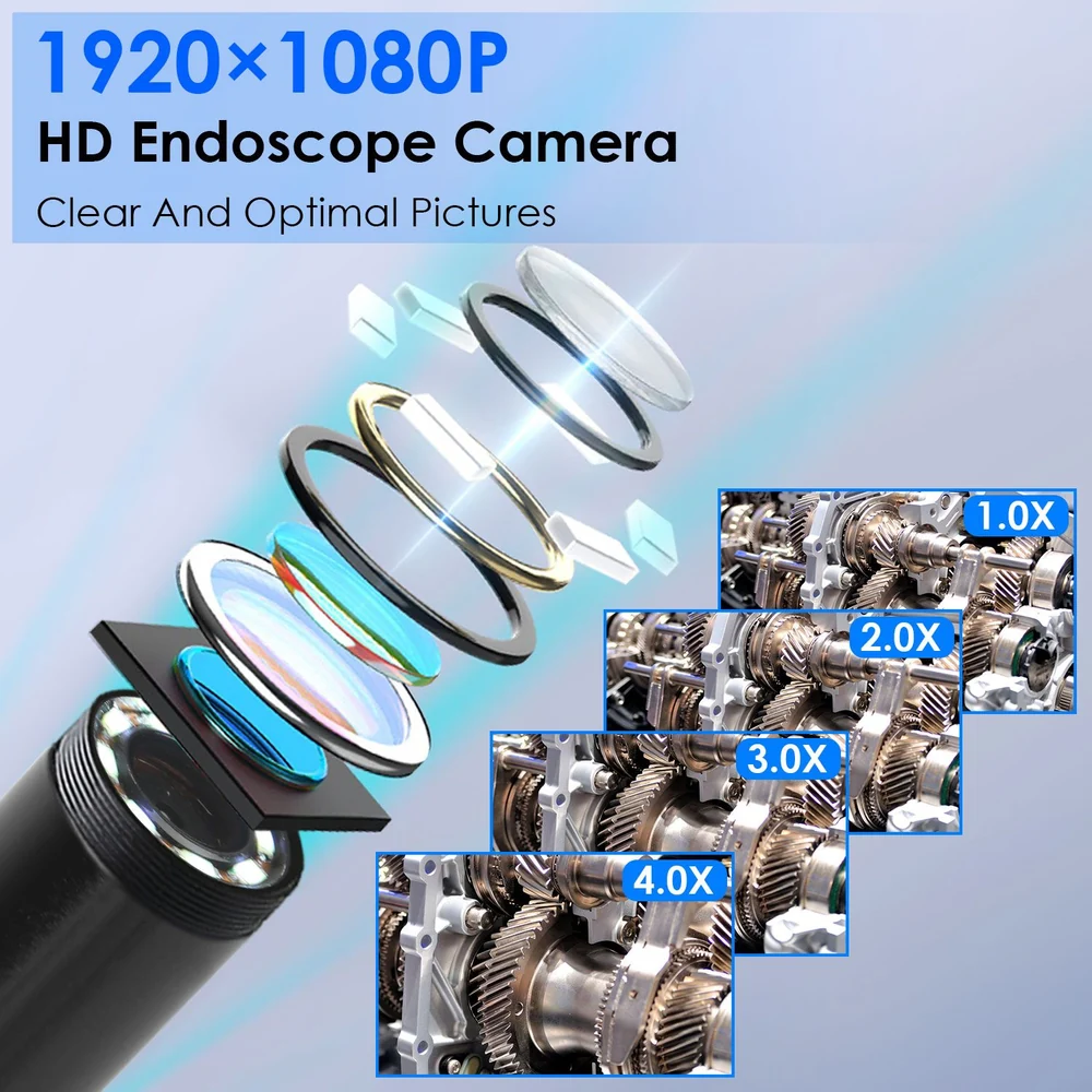 HD endoscope camera with 1920x1080P resolution, featuring optical lens elements and clear imaging of mechanical components with zoom levels from 1X to 4X.