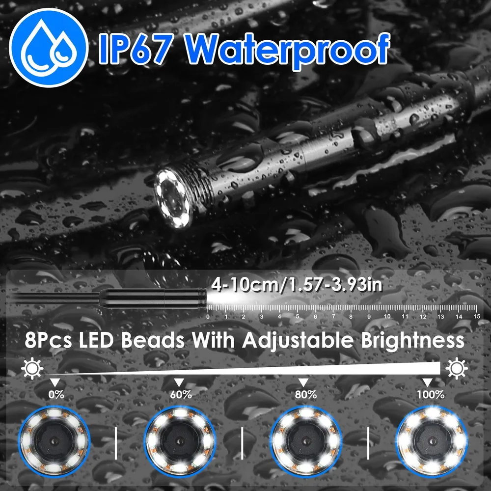 IP67 waterproof flashlight with 8 adjustable brightness LED beads, measuring 4-10cm, ideal for outdoor use in wet conditions.