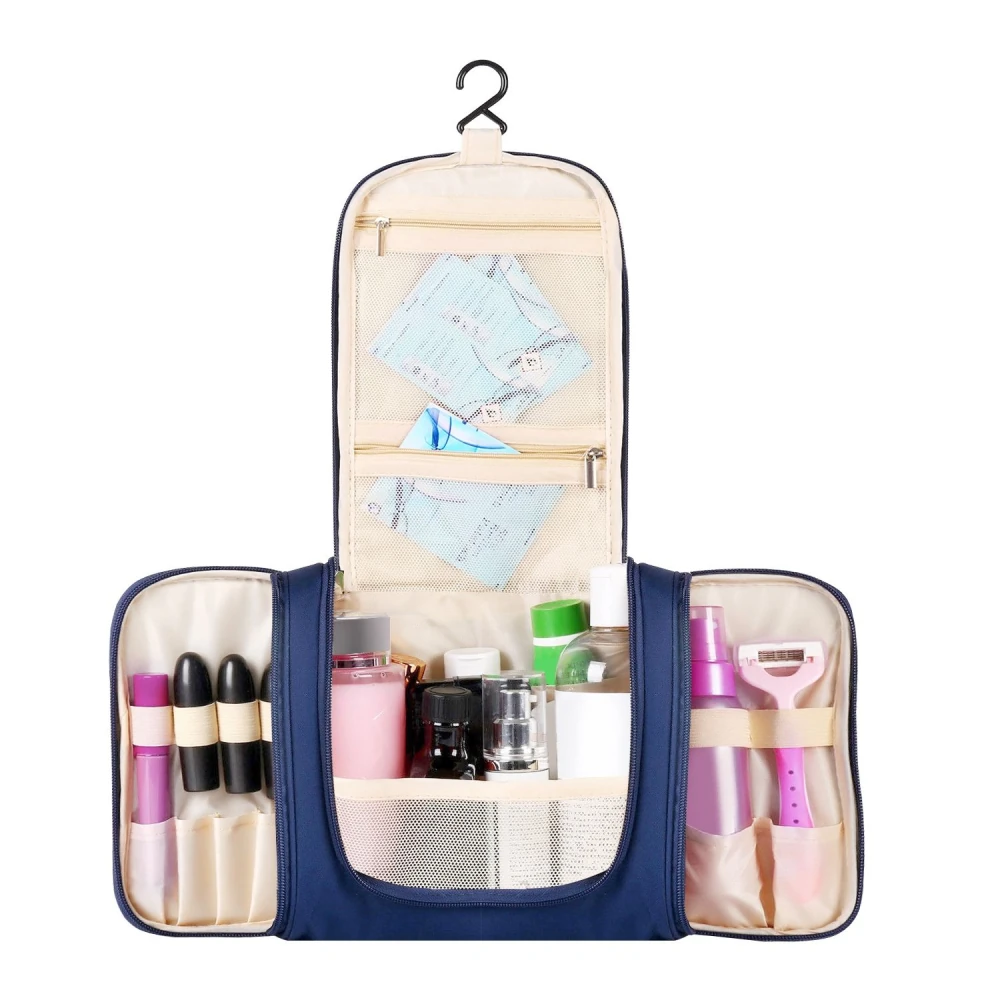 Hanging toiletry bag in navy blue, featuring multiple compartments and mesh pockets designed to organize cosmetics and travel essentials, ideal for easy access and storage while on the go.