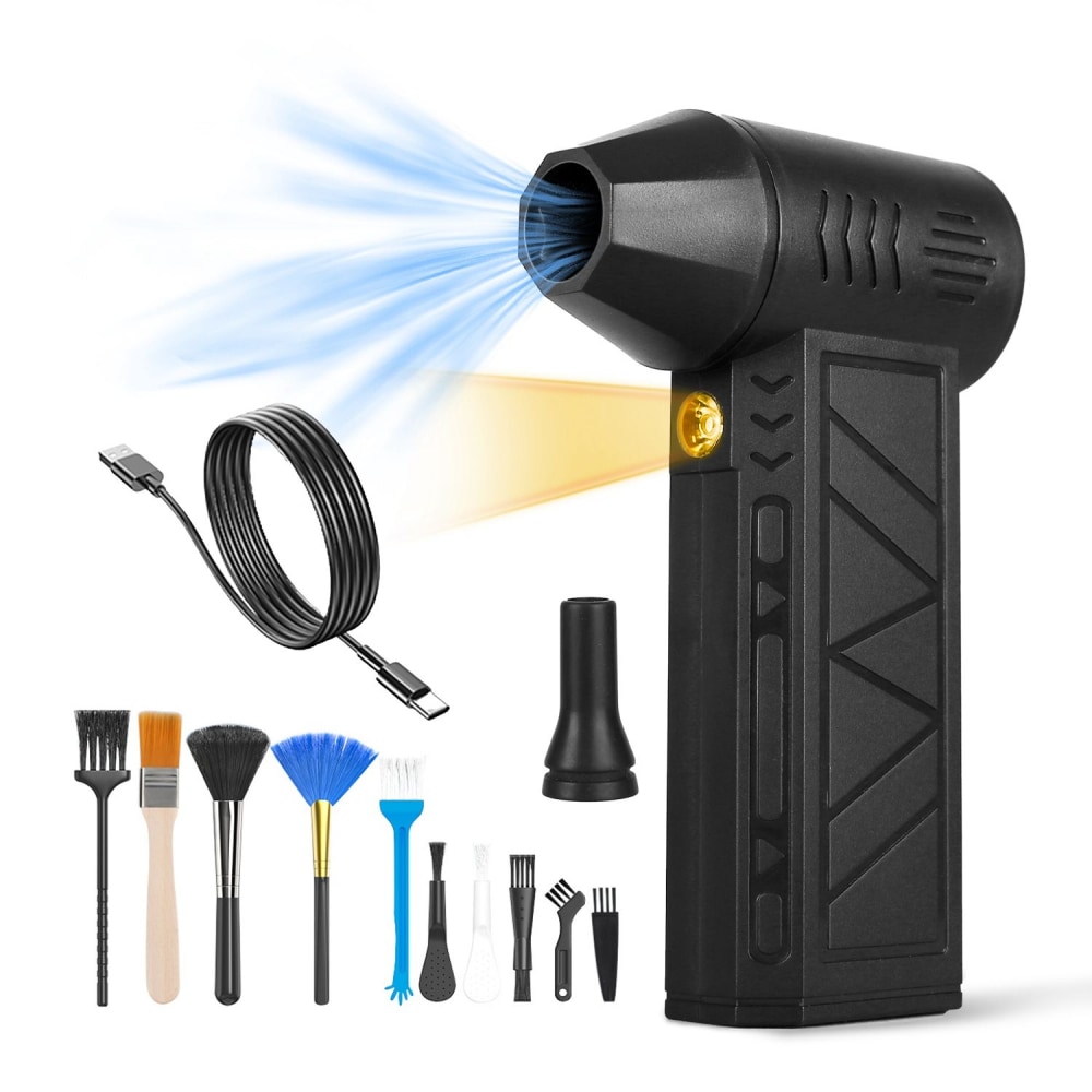 Electric air blower with multiple cleaning brushes and USB charging cable, designed for efficient dust removal and detail cleaning in various applications.