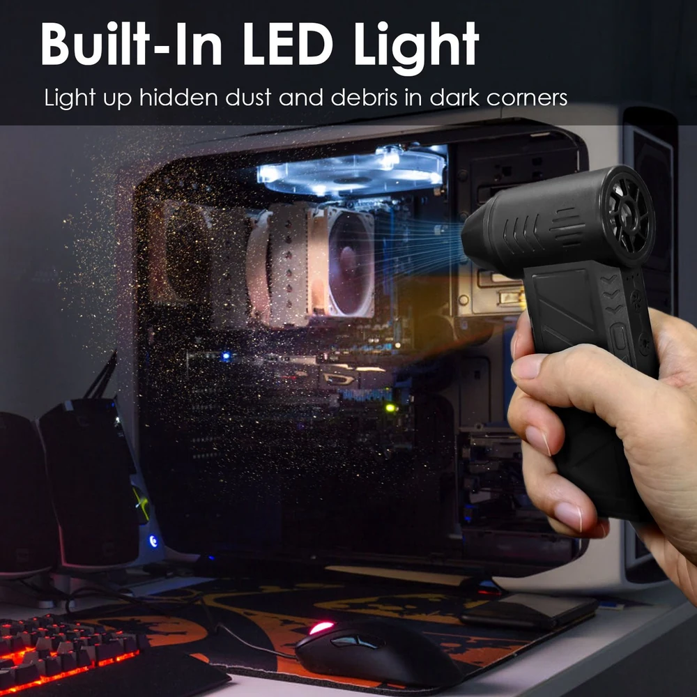 Handheld vacuum cleaner with built-in LED light, highlighting dust and debris inside a computer case during cleaning process.