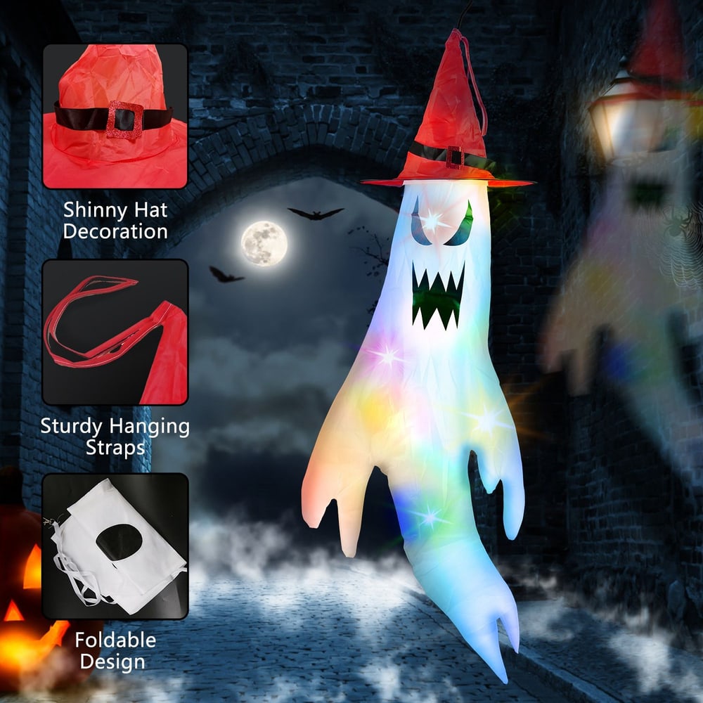Colorful hanging ghost decoration with red hat and sturdy straps, perfect for Halloween ambiance, showcasing a spooky design.