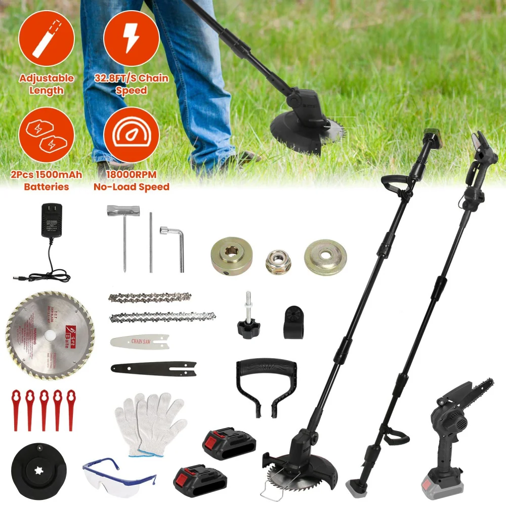 Electric weed eater with adjustable length, 2 rechargeable 1500mAh batteries, cutting tools, and safety gear, ideal for efficient lawn maintenance and gardening.
