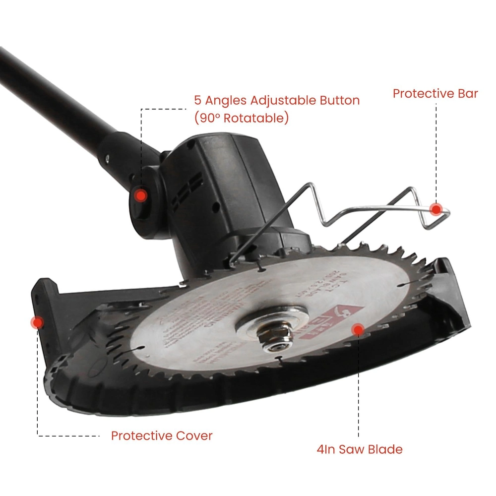 Close-up of a 4-inch saw blade attachment for a power tool, featuring a protective cover, protective bar, and an adjustable button for five angle settings (90° rotatable), designed for optimal cutting and safety.