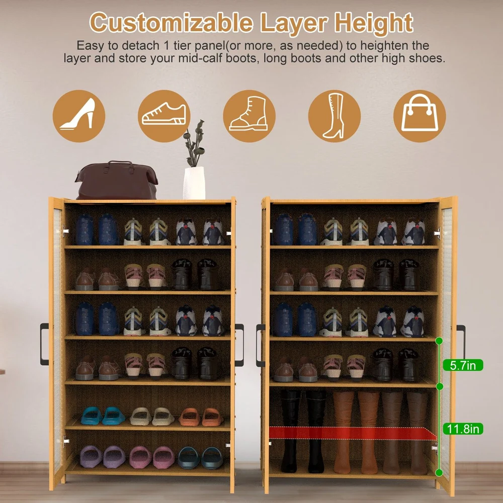 Wooden shoe storage organizer with customizable layer height options, showcasing a variety of shoes, including heels, sneakers, and boots, designed for efficient space-saving and easy access.