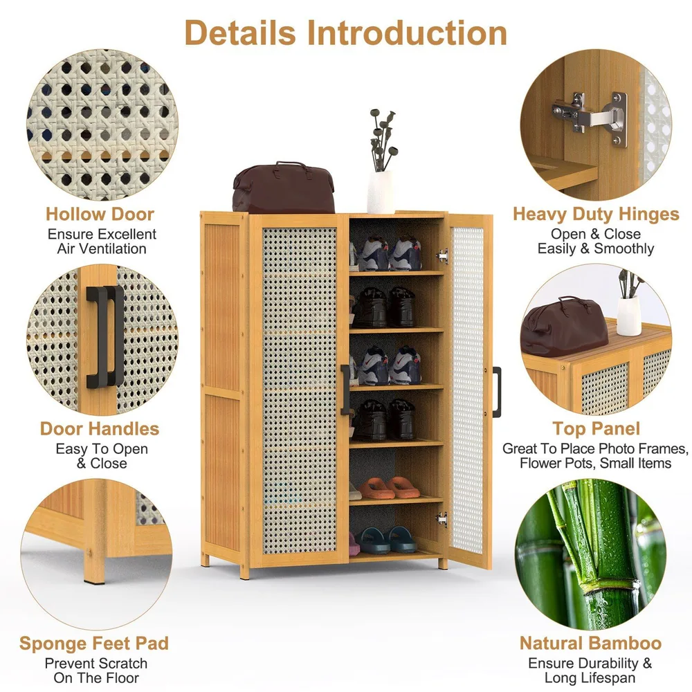 Bamboo storage cabinet with hollow doors for ventilation, heavy-duty hinges, easy-to-use door handles, sponge feet pads to prevent scratches, and a top panel for displaying items like photo frames and flower pots.