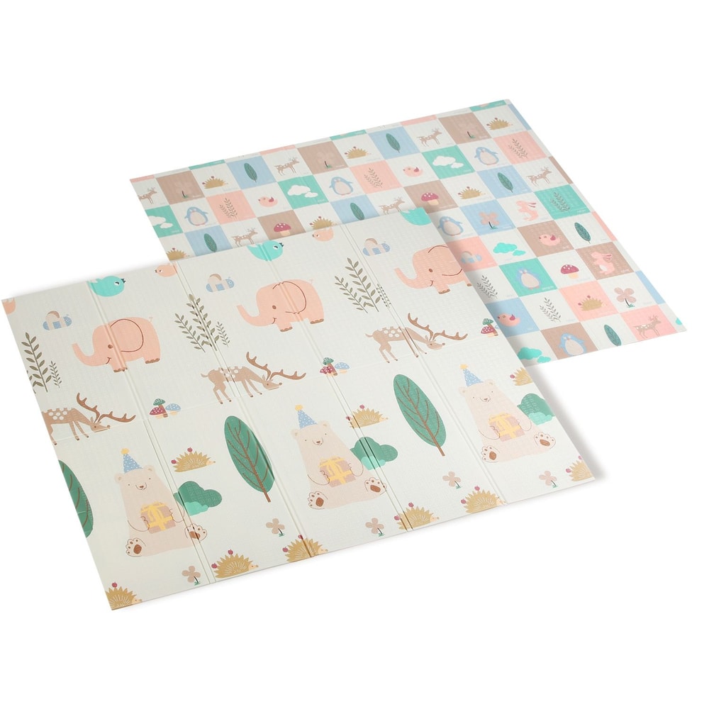 Children's play mat featuring adorable animal designs, including elephants, bears, and deer, on two reversible sides with colorful patterns suitable for nurseries and playrooms.