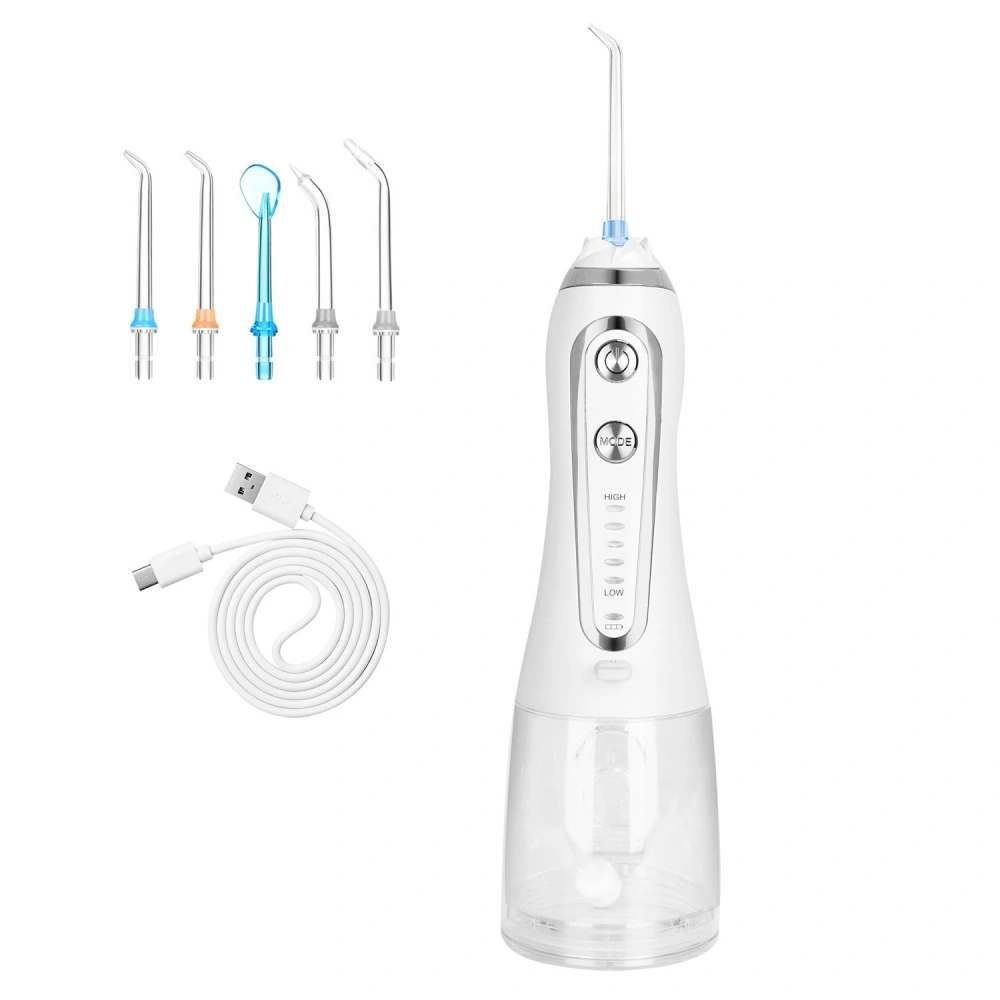Portable cordless water flosser with multiple interchangeable tips and USB charging cable, designed for effective oral hygiene and plaque removal.