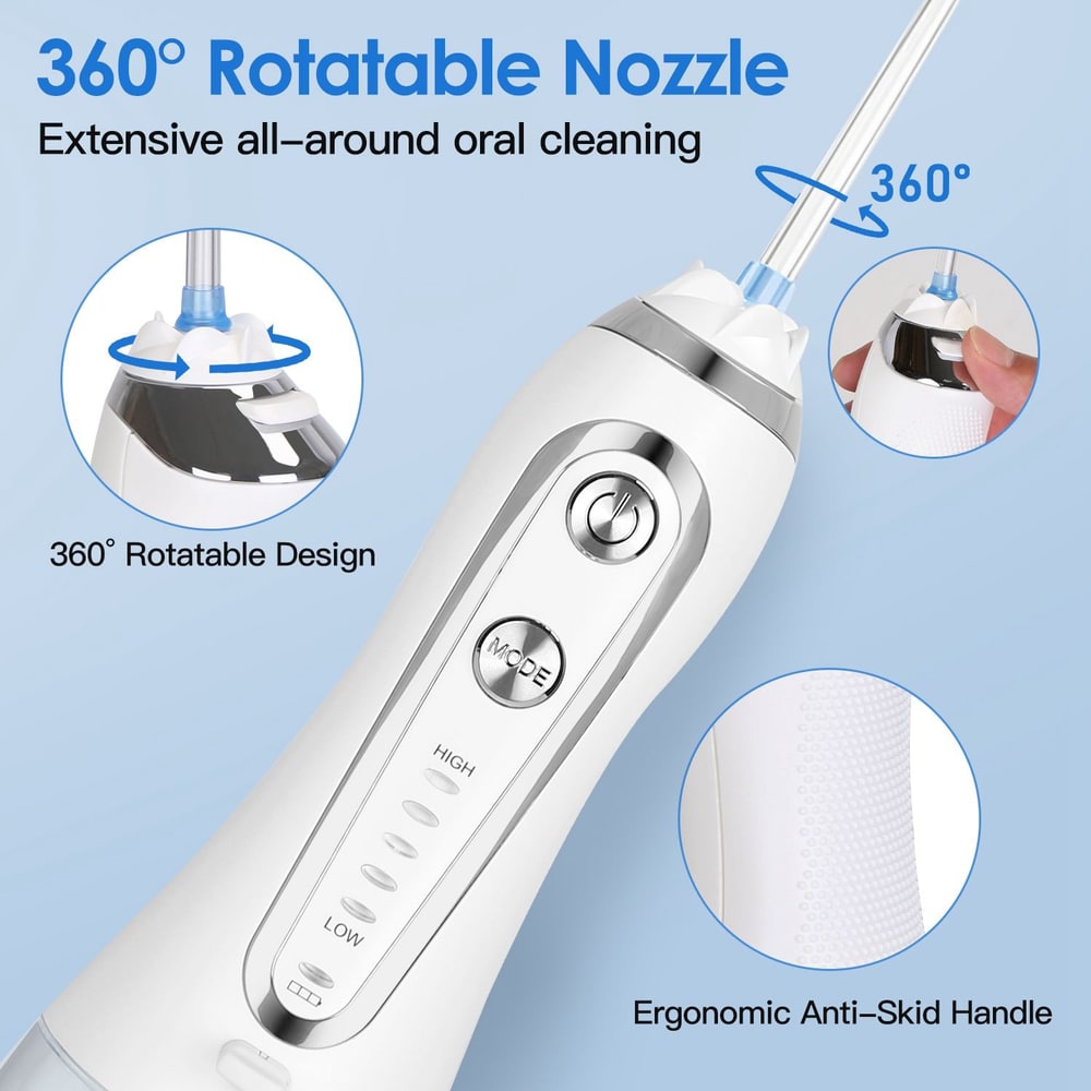 360-degree rotatable nozzle oral irrigator with ergonomic anti-skid handle and adjustable water pressure settings for effective, comprehensive oral cleaning.