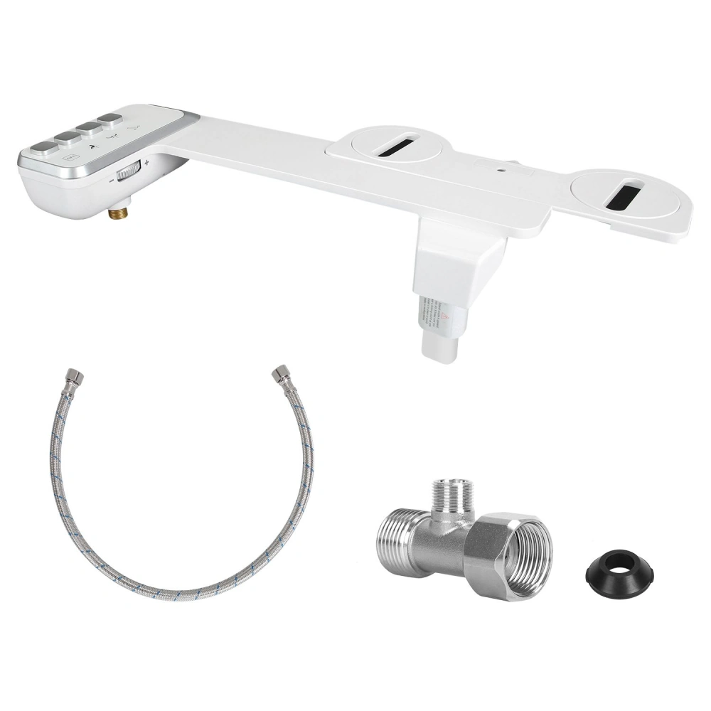 White bidet attachment with control panel, flexible hose, and T-connector for easy installation.
