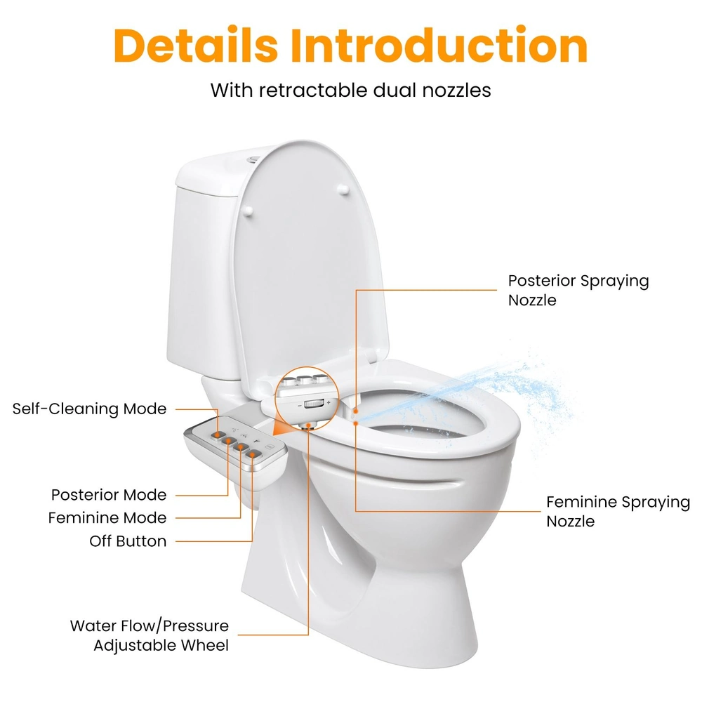 Dual nozzle bidet toilet seat featuring self-cleaning mode, adjustable water flow, and feminine and posterior spray options for enhanced cleanliness and comfort.